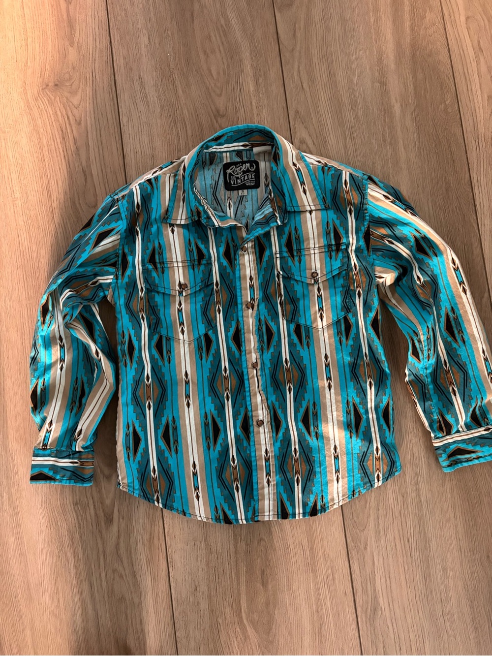 Roper Teal, White & Tan Aztec Button-Down Kids Shirt